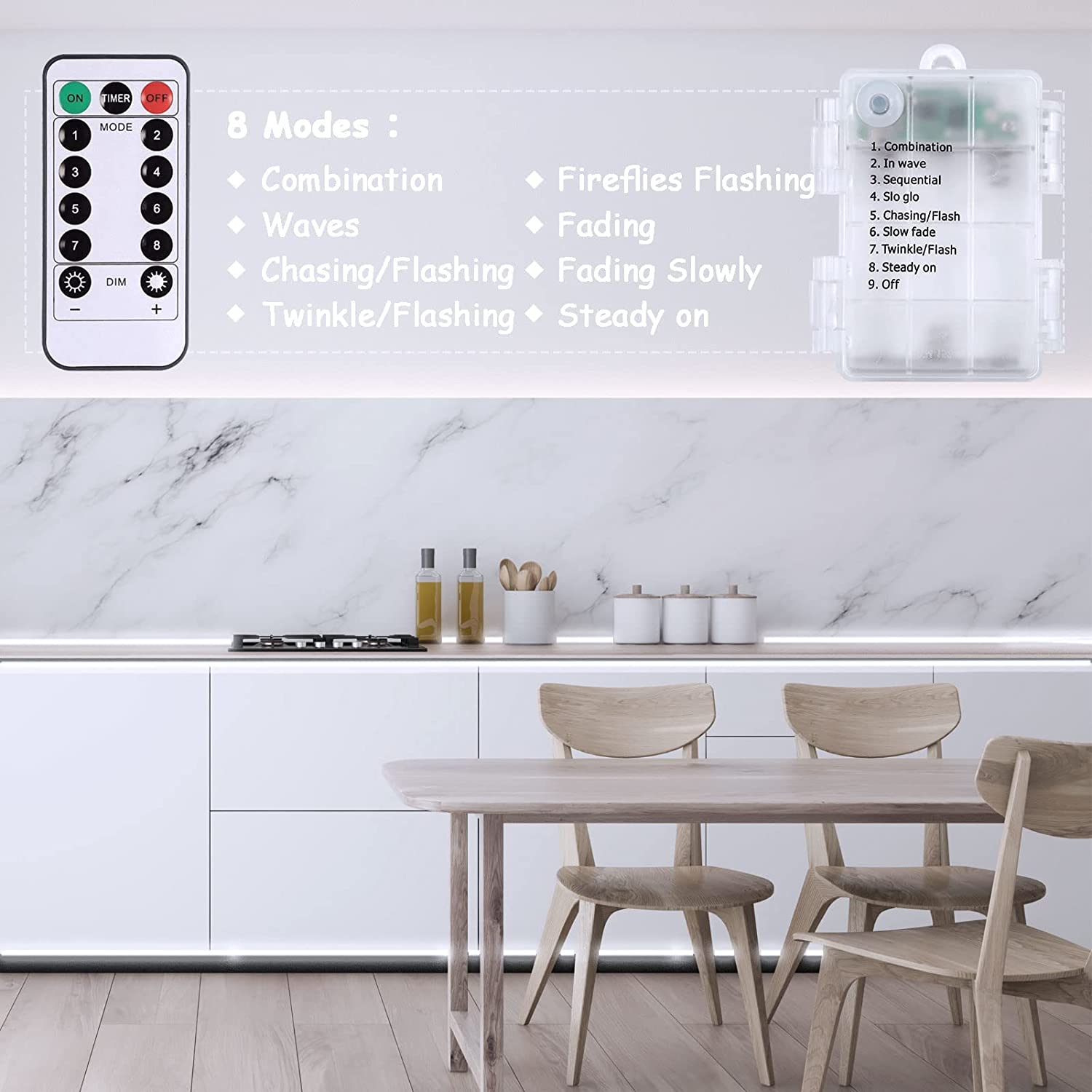 Battery Operated Led Strip Lights White with Remote 8 Modes Dimmable Timer S