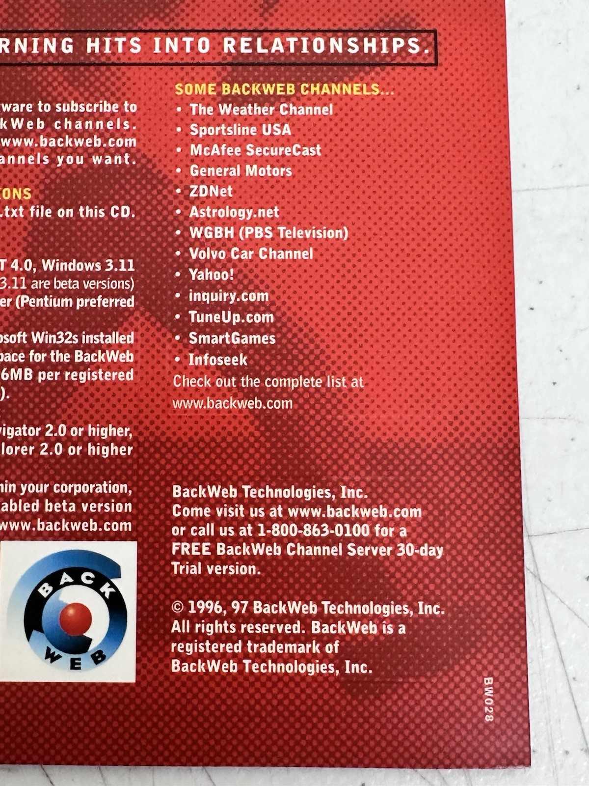 RARE Vtg 1996/97 BackWeb Technologies CD-ROM Push Tech Internet Client Win95 NT