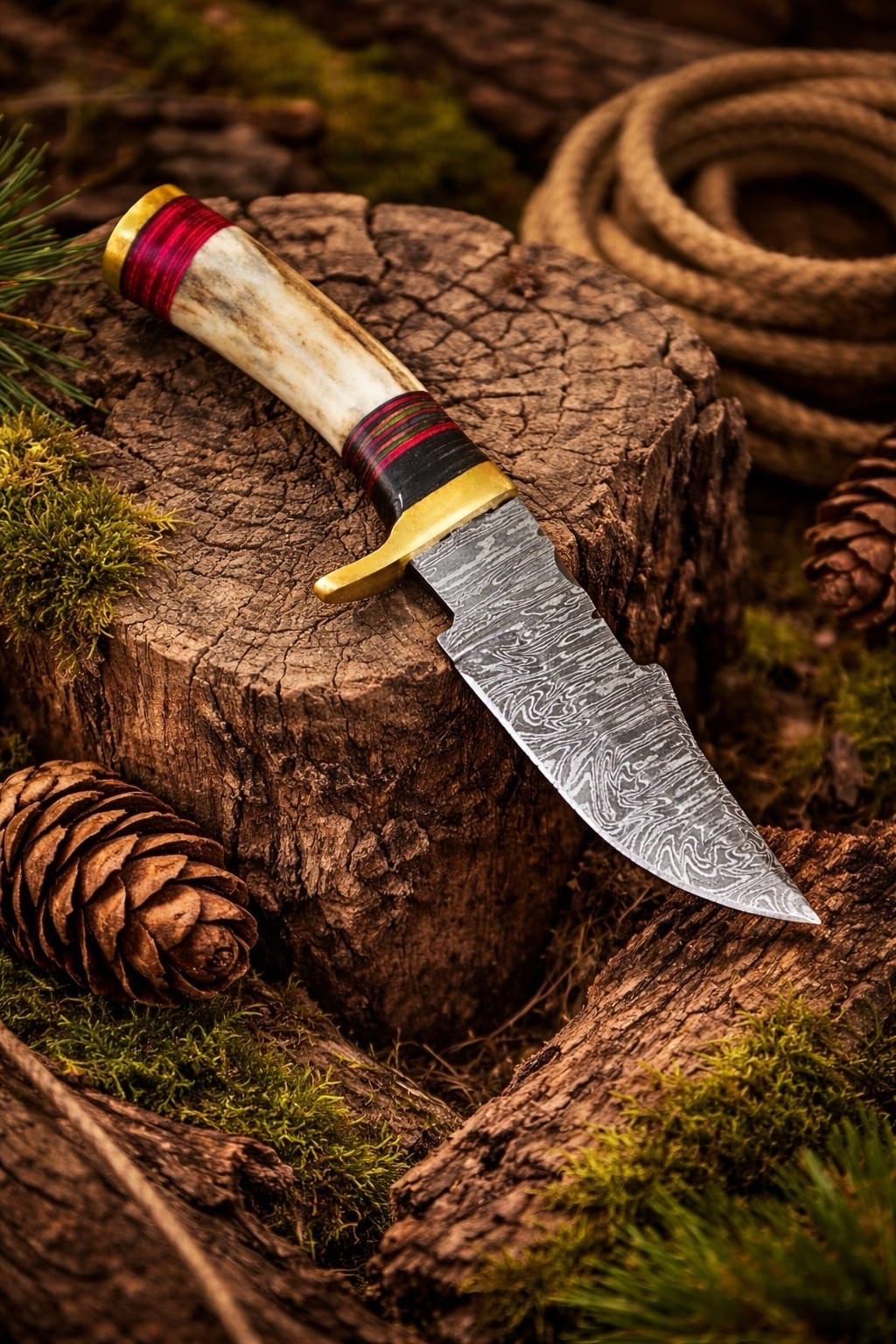 handmade Damascus Fix Blade Skinning Knife Stag Antler Handle Miniature