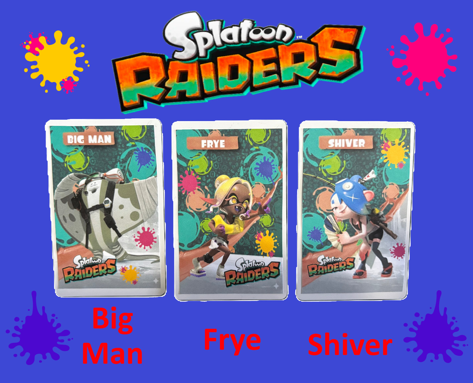 Splatoon Raiders NFC Amiibo / Set of Three Cards & Coins / BigMan,Frye,Shiver
