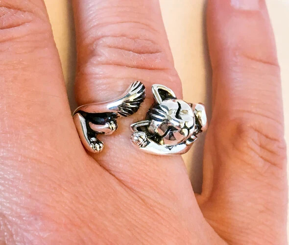 Stretching Cat Cute Ring, Silver Animal, Pet Lover Ring Adjustable Size