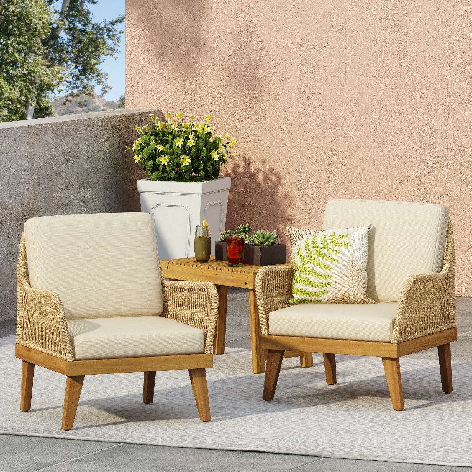Hueber Outdoor Acacia Wood Club Chairs with Cushion, Set of 2, Teak, Light Brown