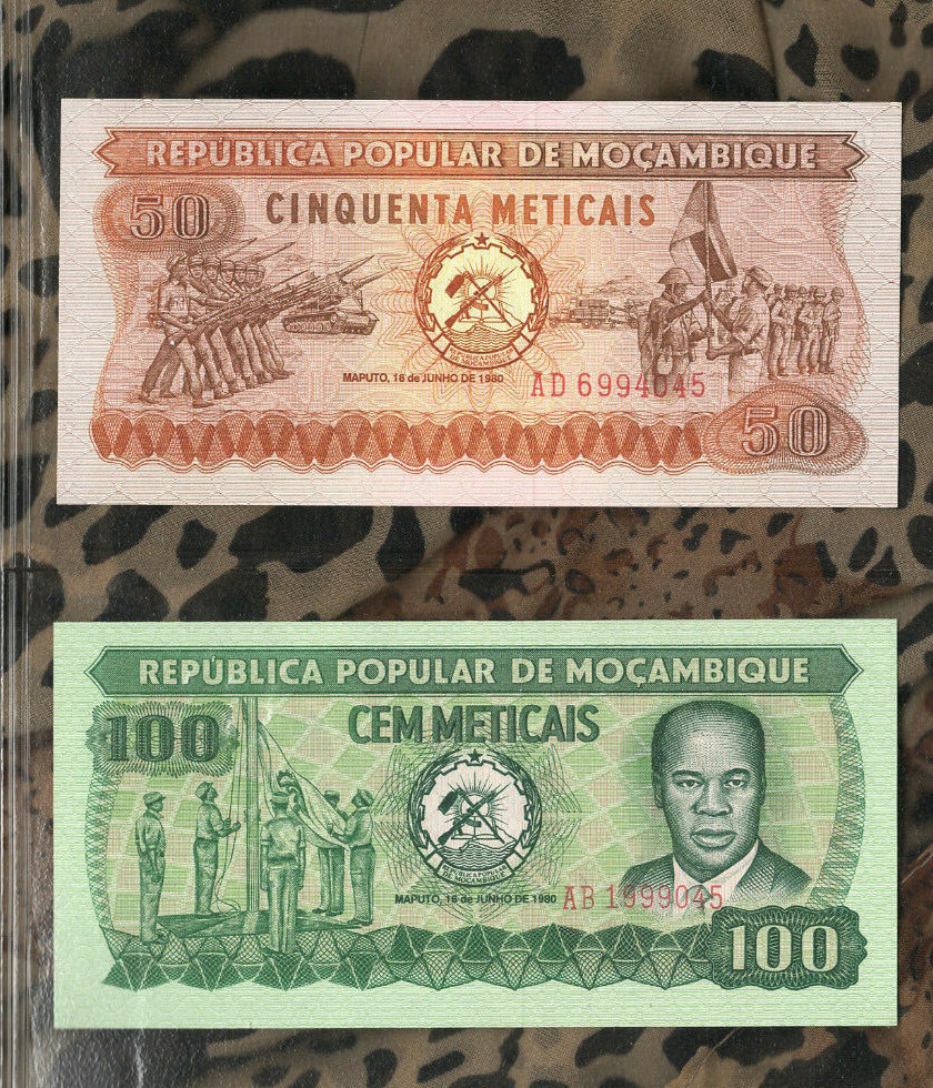 Banknotes of World Mozambique 1980 50 Meticais P-125 100 Meticais P-126 UNC