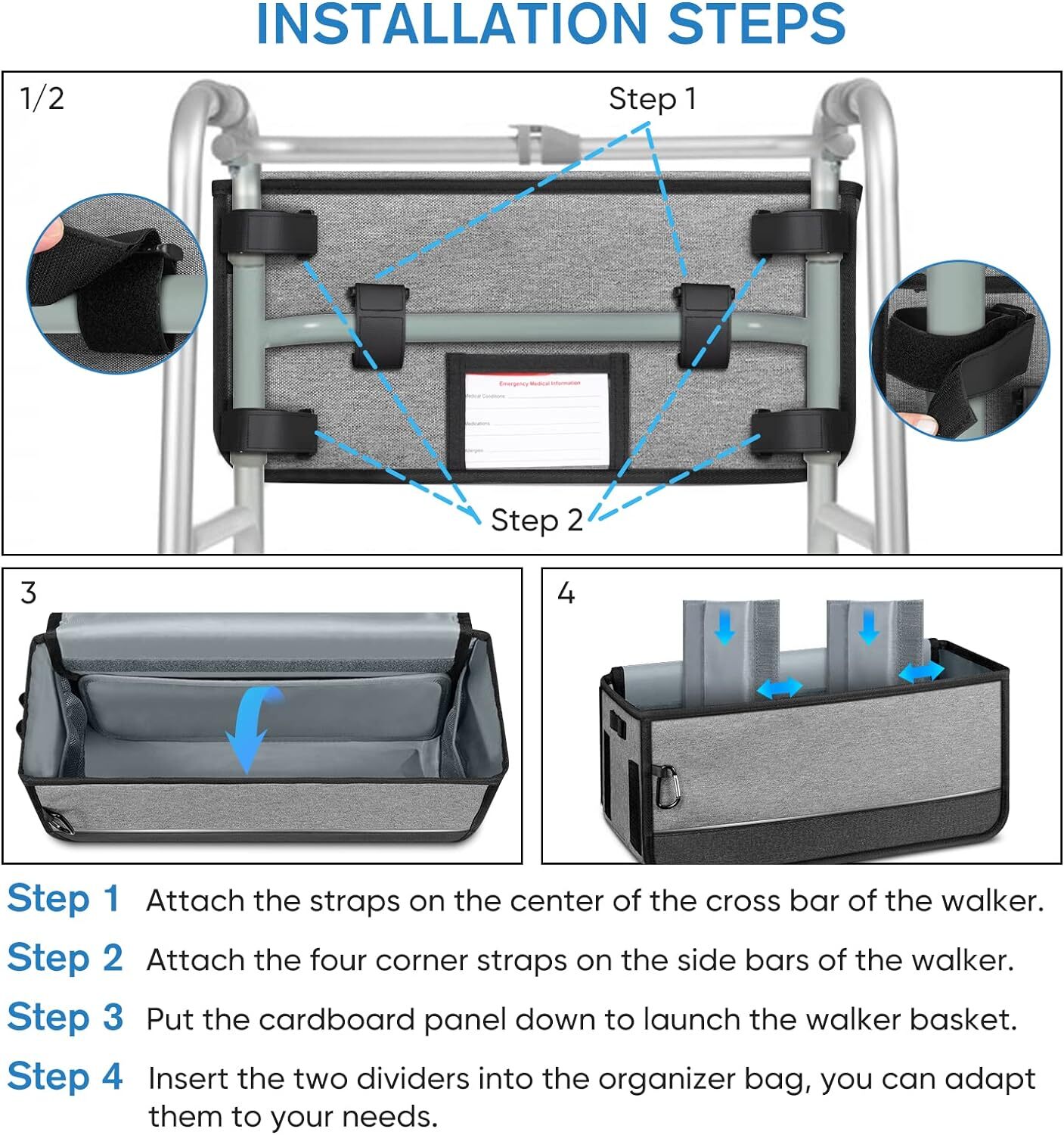 FINPAC Large Walker Basket for Folding Walkers Foldable Walker Storage Bag Strap