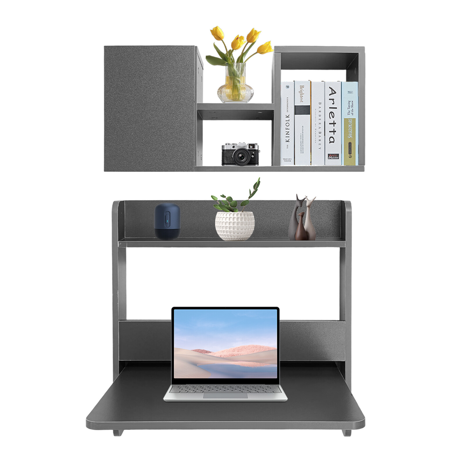 Folding Space Saving Wall Mounted Bookshelf, Fold Down Laptop Desk Workstation