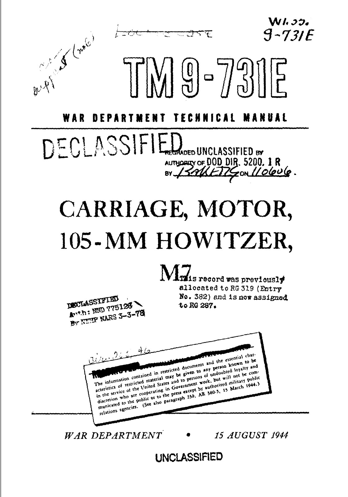 333 Page 1944 105 mm Howitzer M7 TM 9-731E Carriage Motor Technical Manual on CD