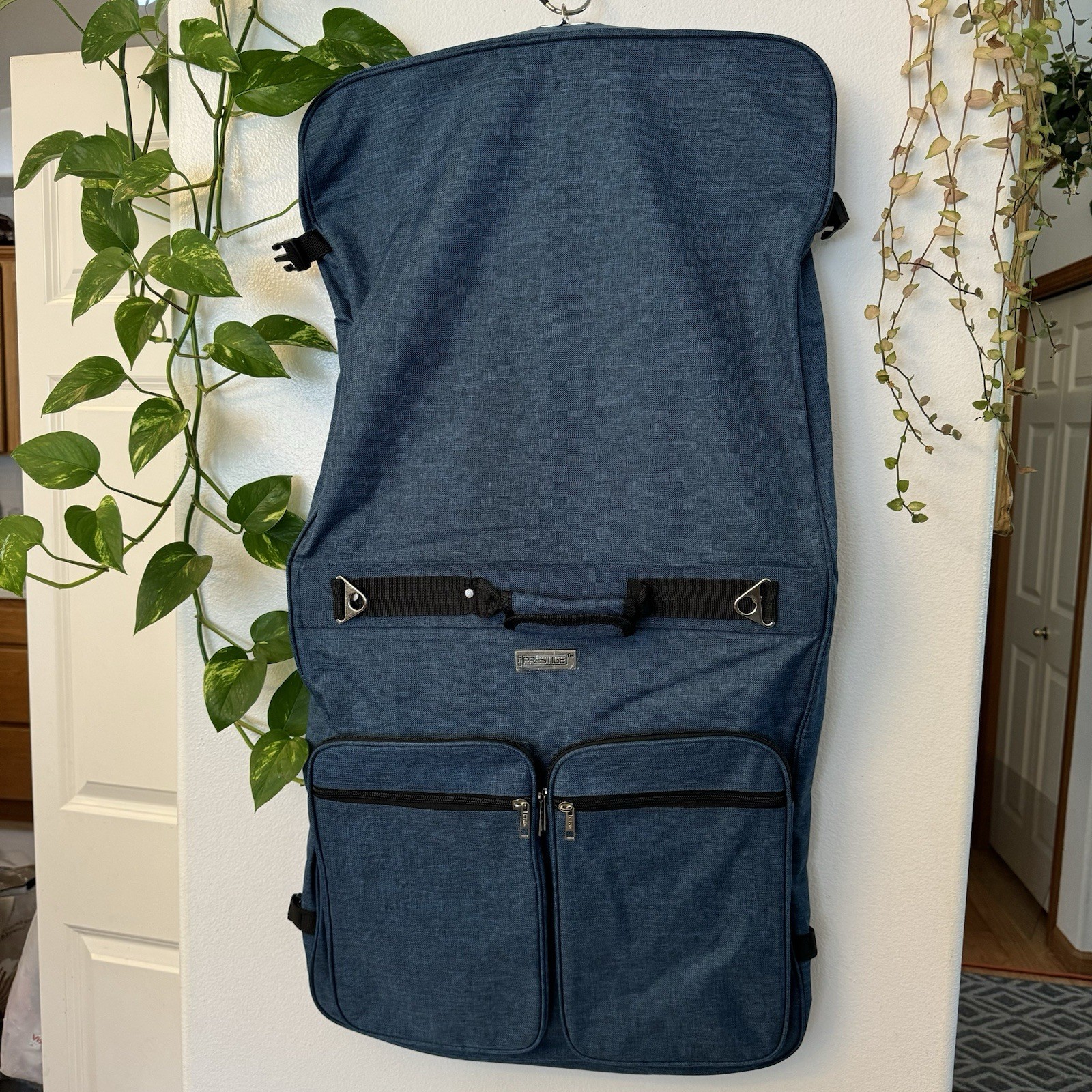 Prestige Foldable Garment Blue Bag with Multiple Zipper Pockets.