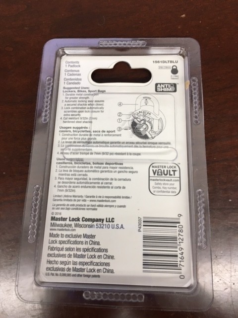 Master Lock 1561DLTBLU Locker Lock Combination Padlock, 1 Pack, Light Blue New