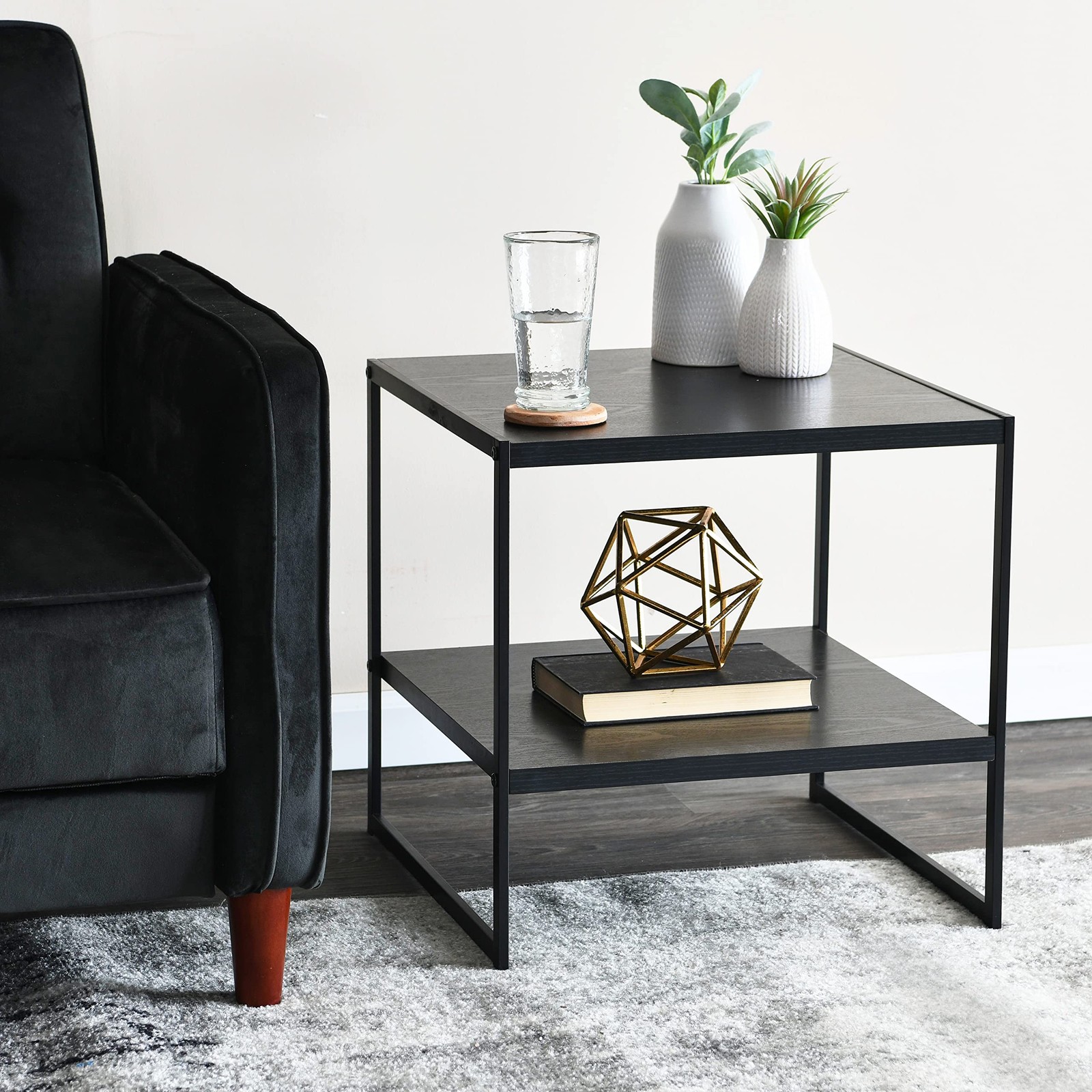 Jamestown Square Side End Table with Storage Shelf Black Oak Wood Grain and B...