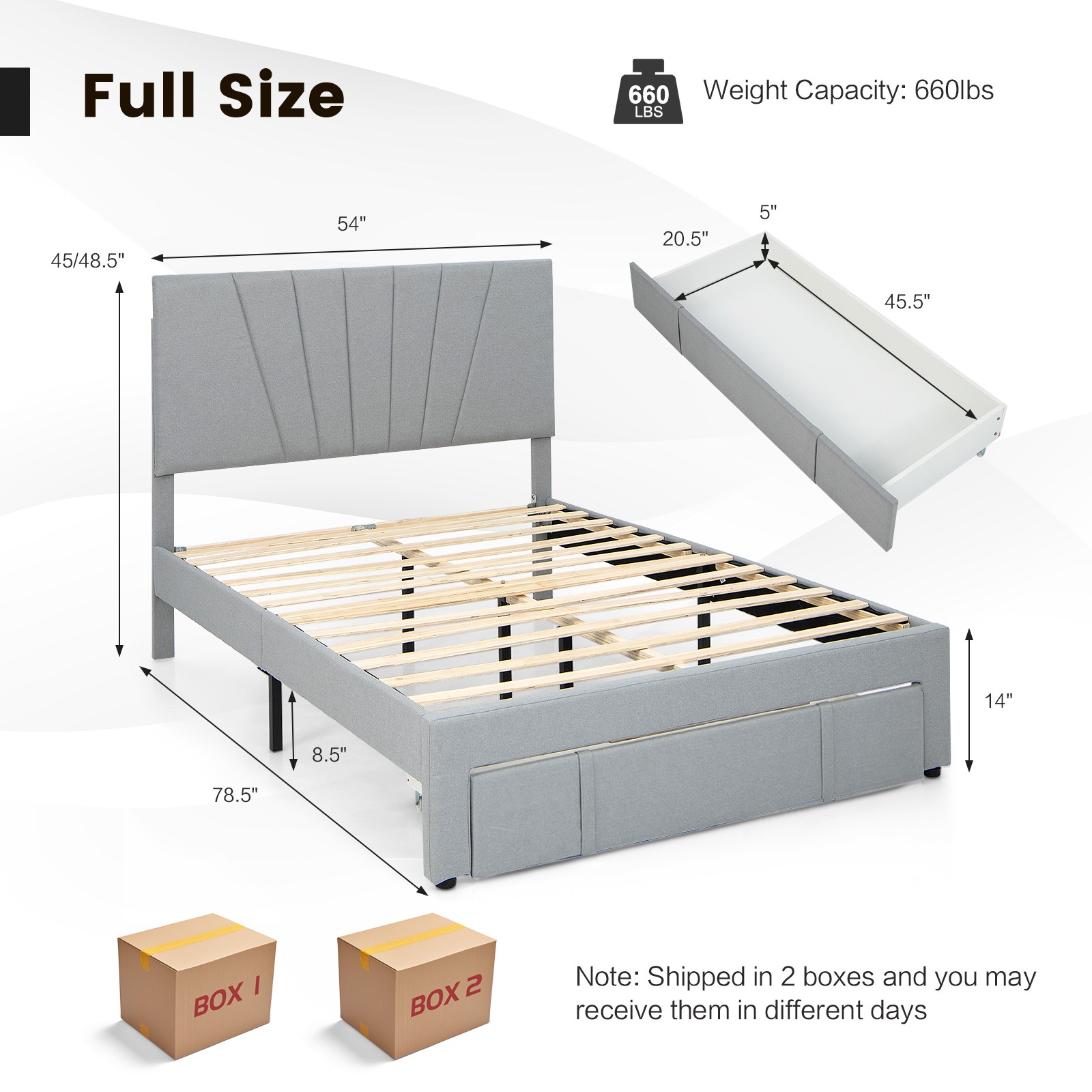 Full Upholstered Bed Frame Platform Bed w/ Drawer& Adjustable Headboard Grey