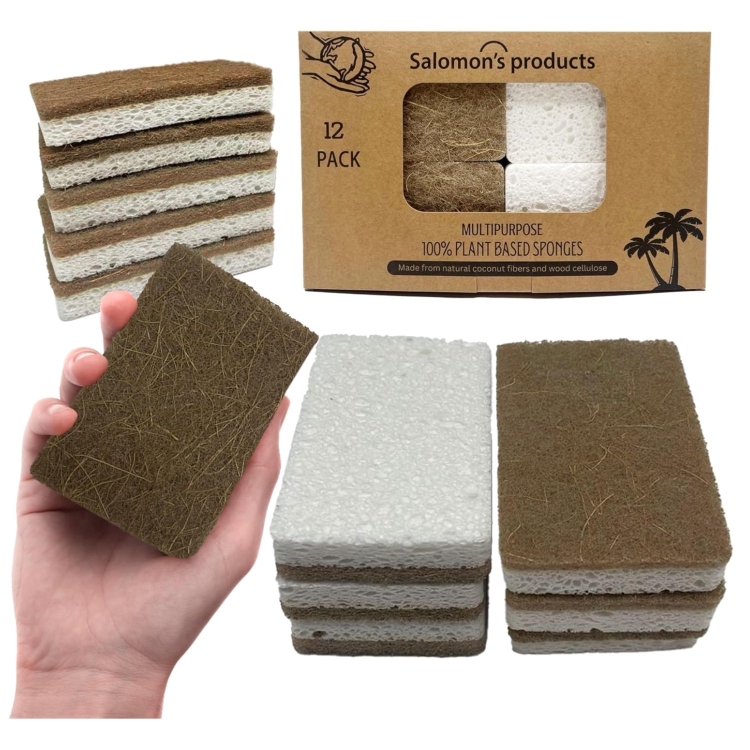 12 Pack Eco-Friendly Biodegradable Kitchen Sponges Natural Cellulose Coconut ...