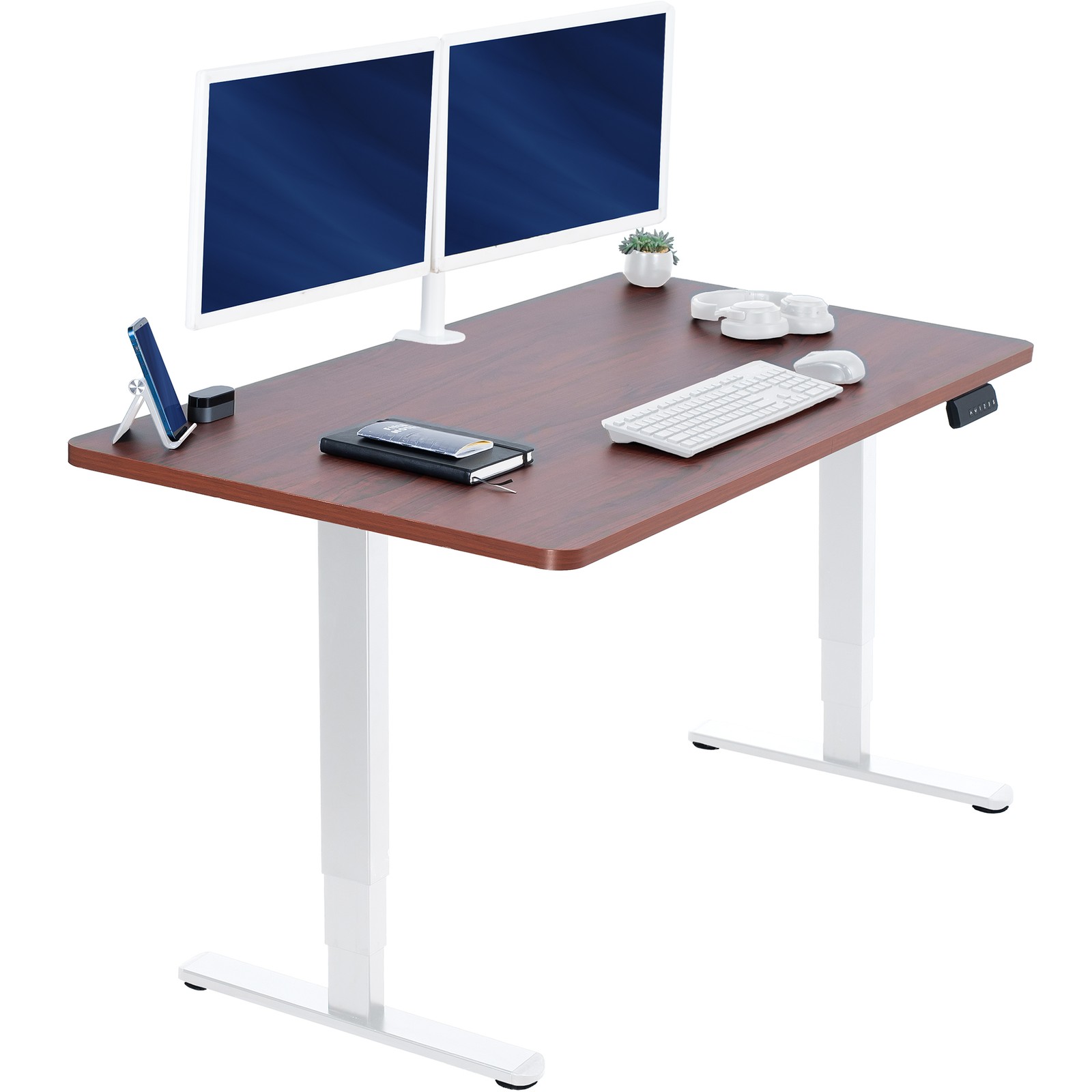 VIVO Electric 55" x 28" Stand Up Desk, Dark Walnut Table Top, White Frame