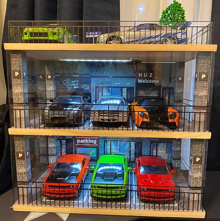 Car Display Case 8 Slot 3 Tier LED Light 1/24 Model Diecast Parking Lot Diorama