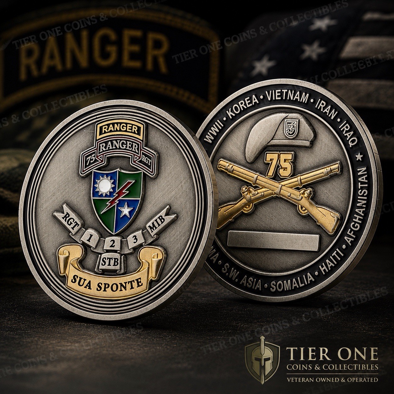 75th Ranger Regiment Sua Sponte Challenge Coin Army Rangers RGT 1 2 3 MIB STB