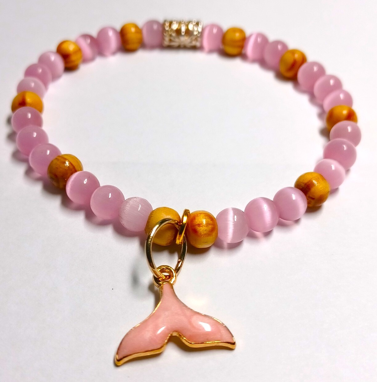 Pink Cats-Eye Beaded Bracelet with Dolphin Tail
