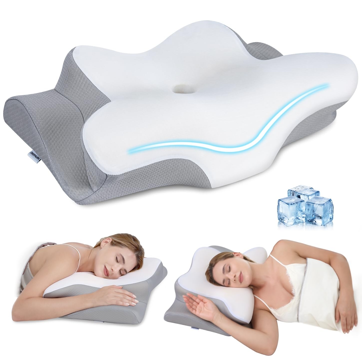 PAYHUIN Cervical Neck Pillow, Memory Foam 24.8"×14.17"×3.54/4.72", White