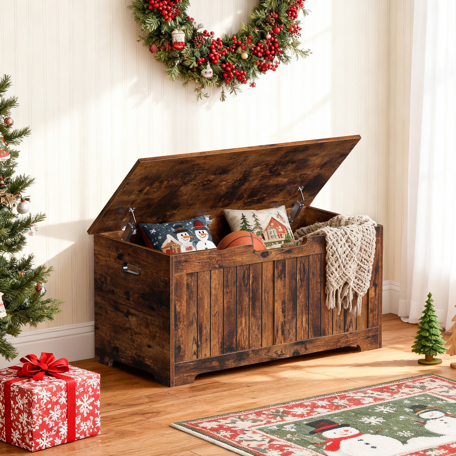 Storage Chest Storage Bench with Safety Hinge White for Playroom Rustic Brown