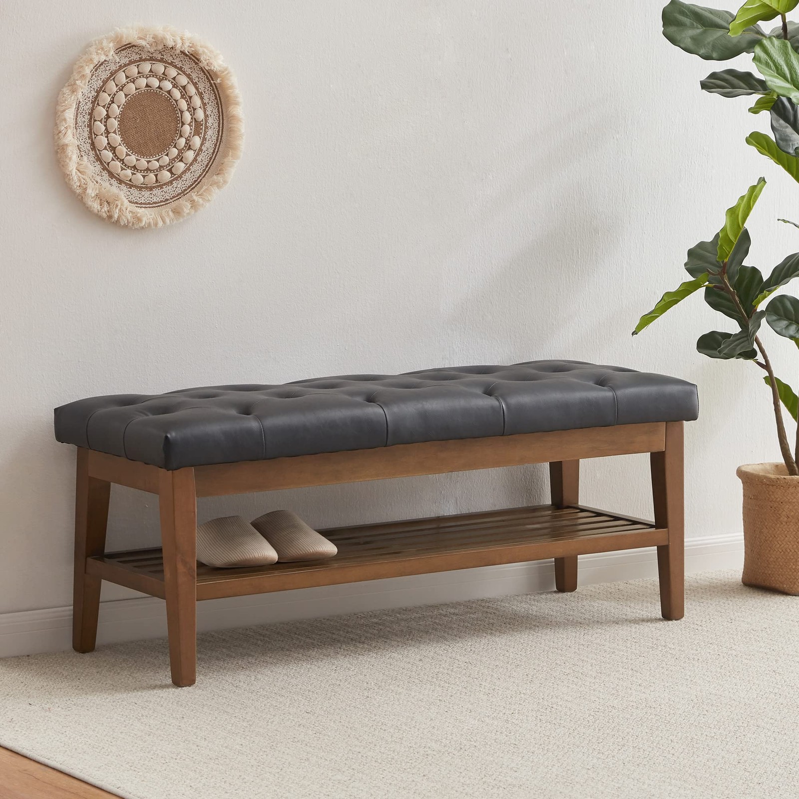 HUIMO Entryway Shoe Leather Bench, End of Bed Bench,PU Medium, Black
