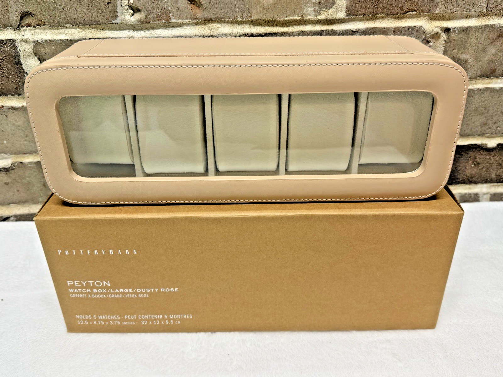 Pottery Barn Peyton Leather Watch Box 5 Sections Holder Dusty Rose Large NEW