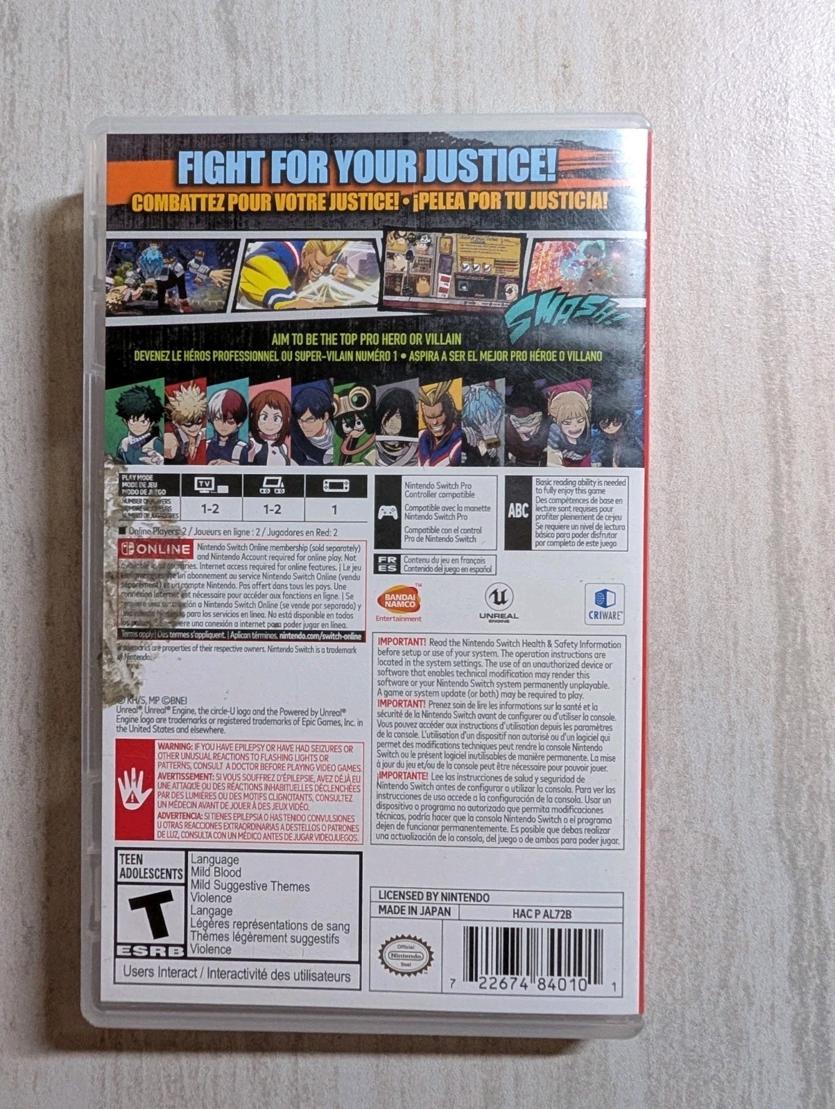 NO GAME My Hero One's Justice Case Nintendo Switch