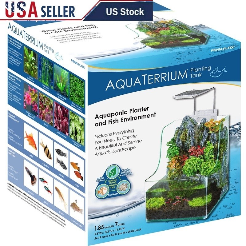 Hydroponic Glass Aquarium 1.85G W/ Planting Pods Waterfall Filtration LED Light