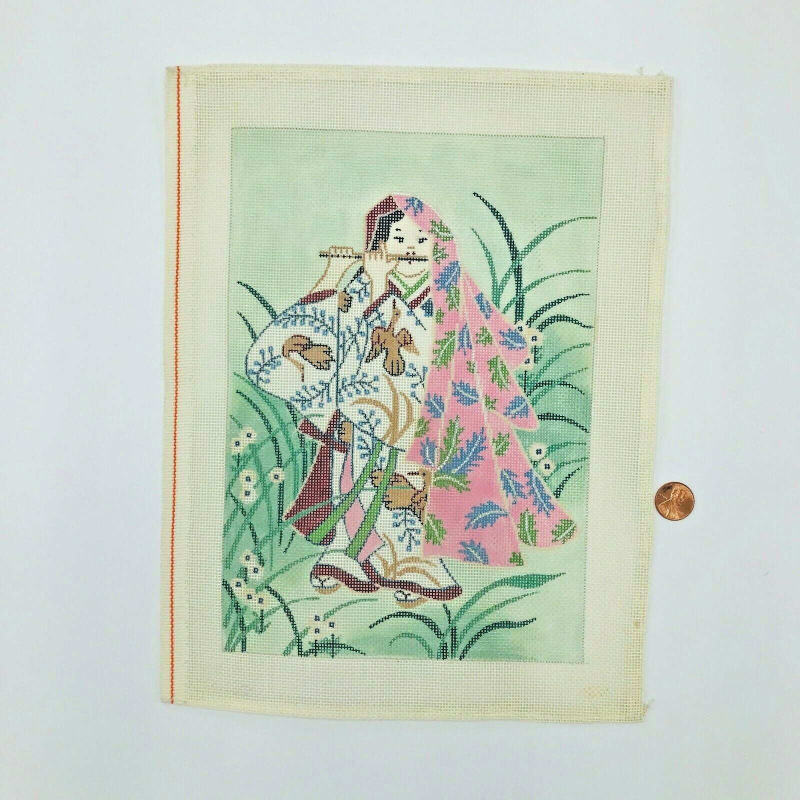 Hand Painted Needlepoint Pattern Japanese Flute Player Geisha Asian Japan Woman
