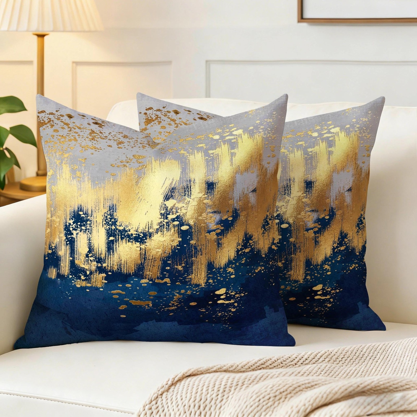 Navy Blue and Gold Pillow Covers 18 x 18 inch Set of 2 Decorative Cushion Cov...