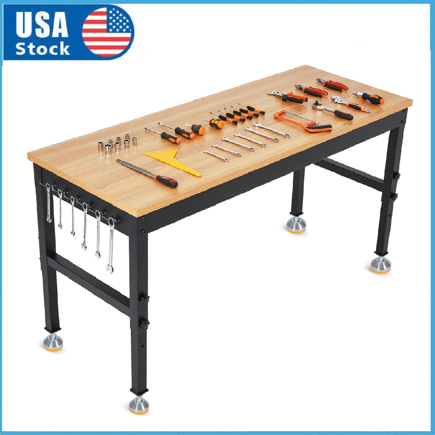 Adjustable Height Workbench ,72" Work Table Garage ,2500LBS Load Rubber Wood Top