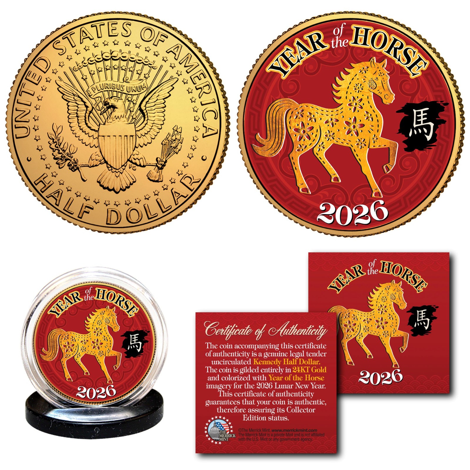 2026 Chinese New YEAR OF THE HORSE 24K Gold Plated JFK Kennedy Half Dollar Coin