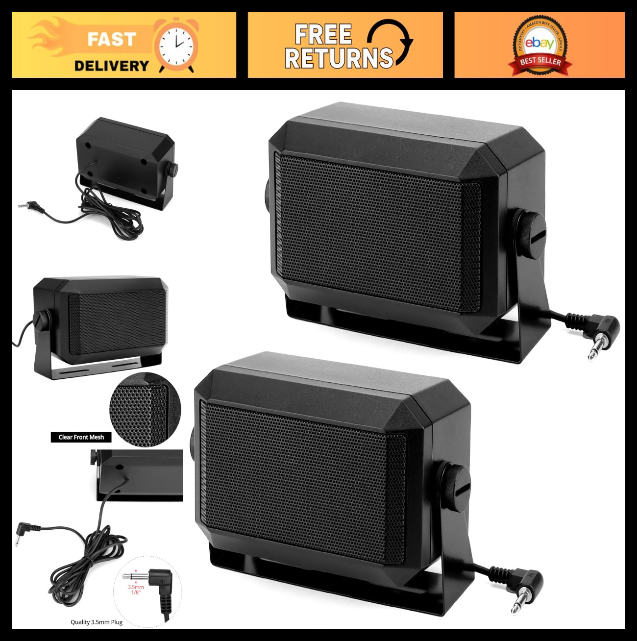 5W External Communications Speaker 2 Pack - 8 Ohm, 3.5mm Plug for Ham Radio, CB,
