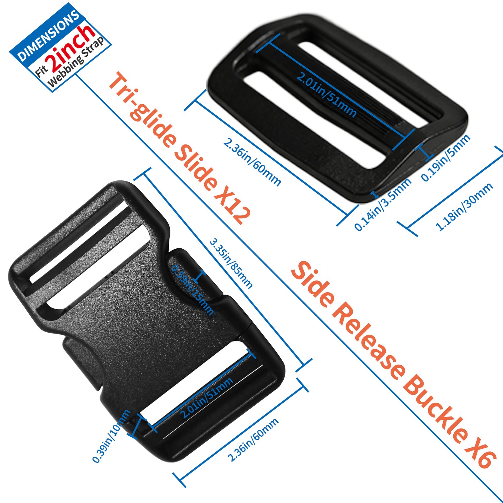 2 Inch/5cm 11 Yards Nylon Webbing Strap w/6 Set Plastic Buckles Side Release