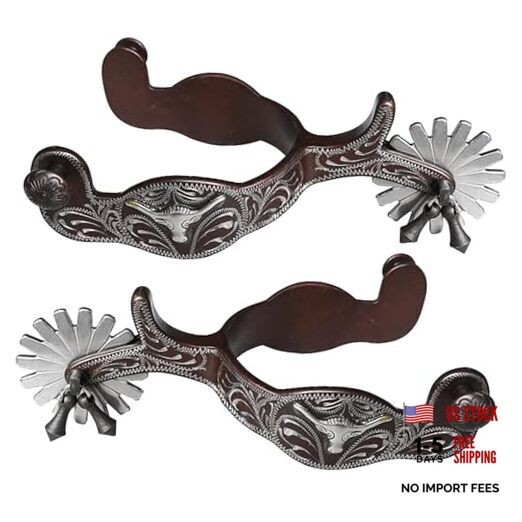 Western Antiqued Spurs with Silver Engraved Trims Rowel Jingle Bobs Brown Bull