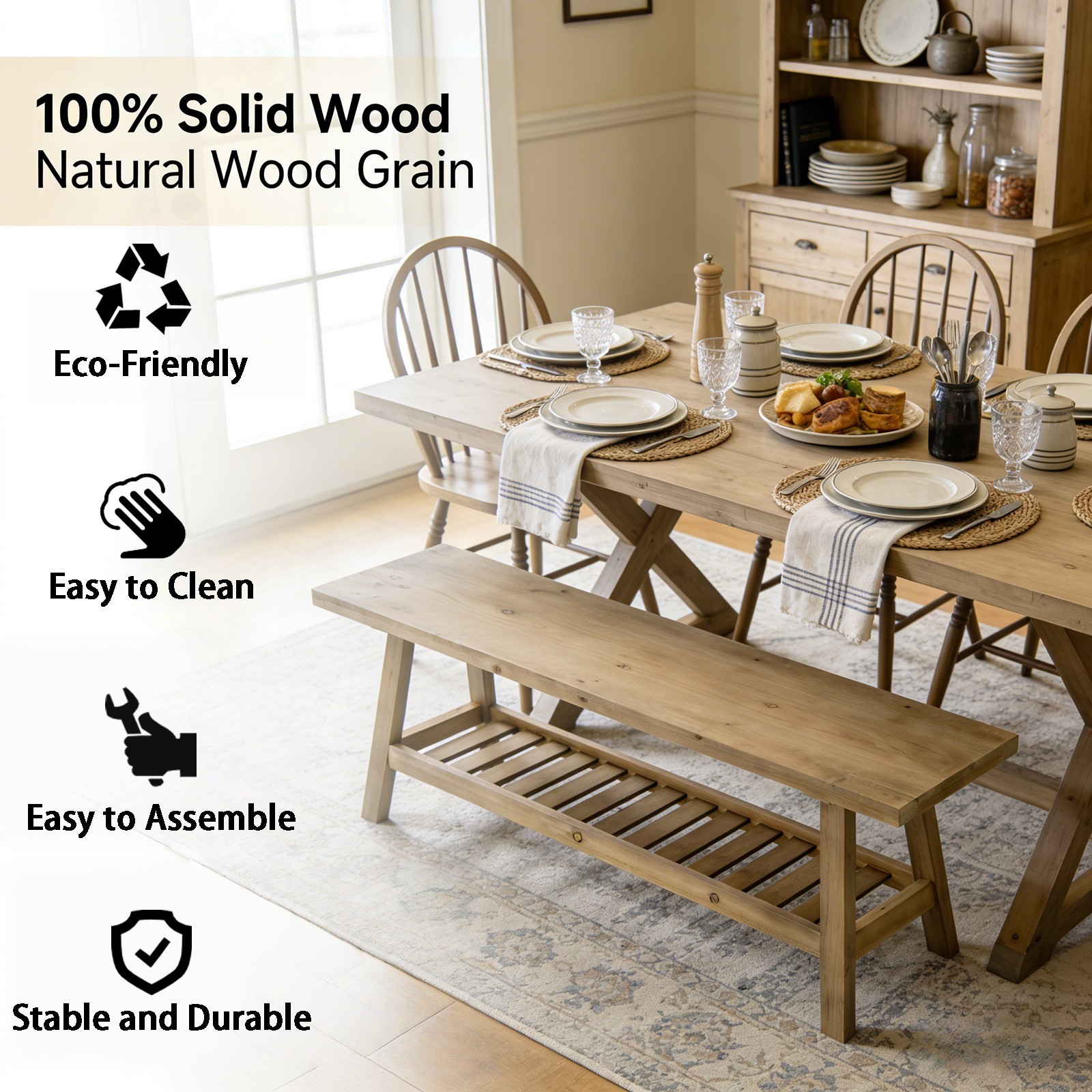 43" Rustic Farmhouse Bench with 2-Tier Open Storage Shelf