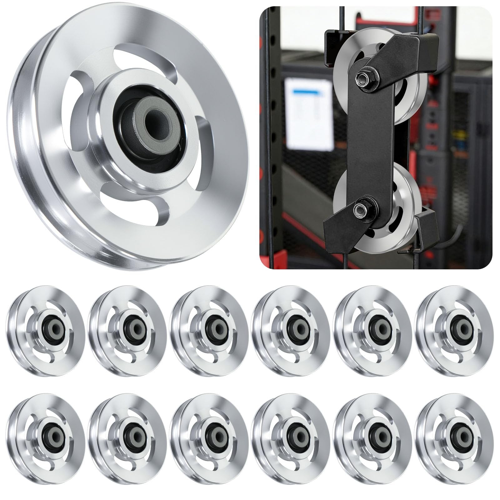 BESTEEL 12pcs 90mm Universal Aluminum Pulley Wheel for Gym Equipment, Silent ...