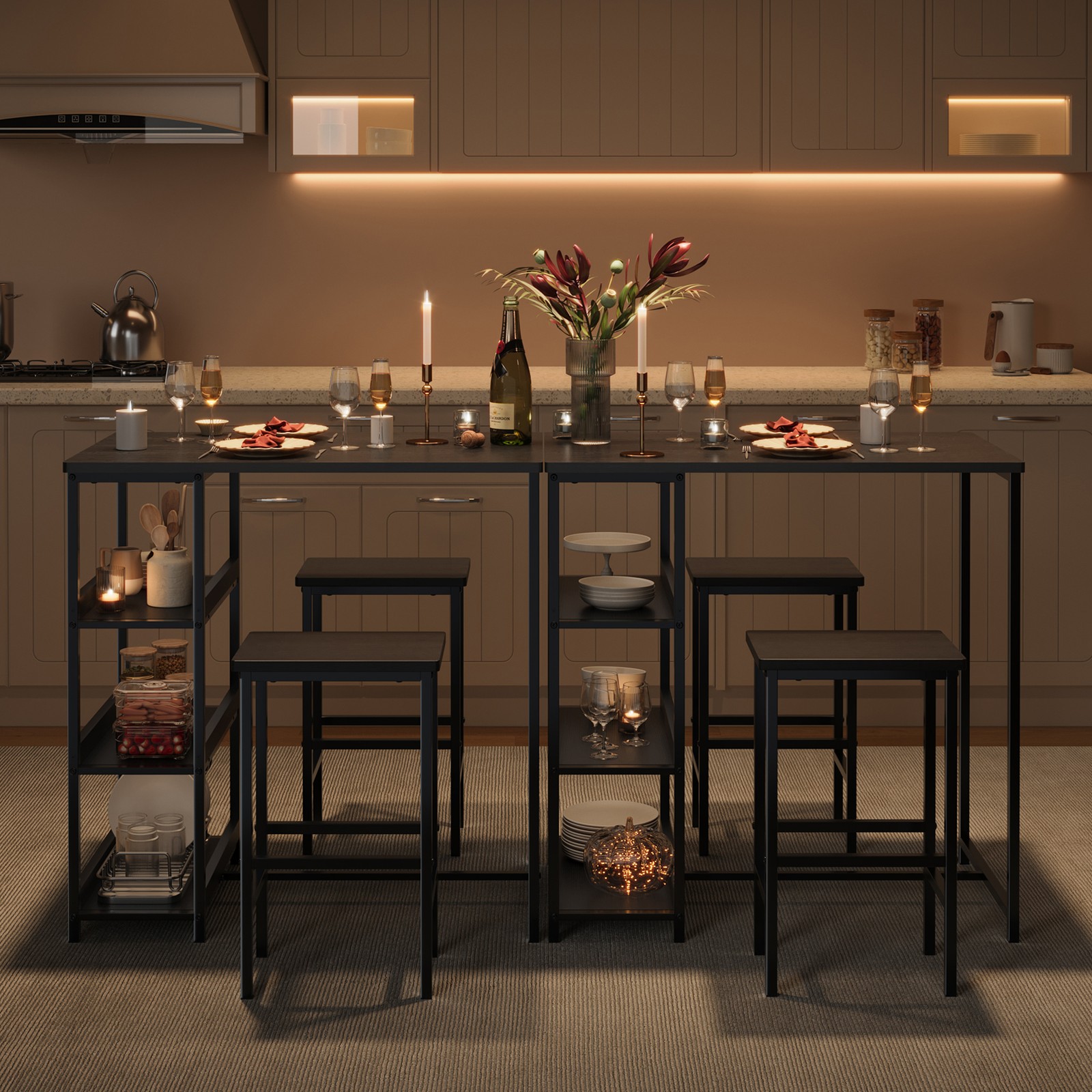 36" Dining Table Set for 2, Kitchen Table and 2 Bar Stools with Storage Shelves
