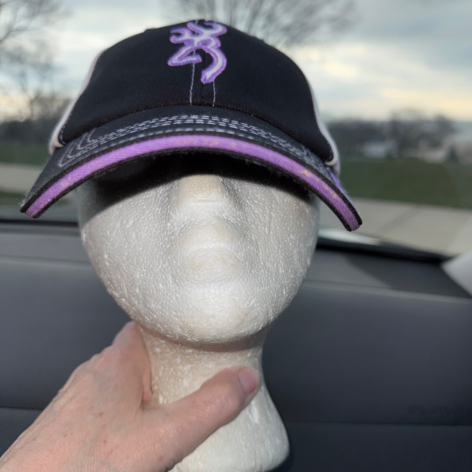 Browning Logo Black Purple White Hat Cap Hook Loop Vent Holes on Sides EUC