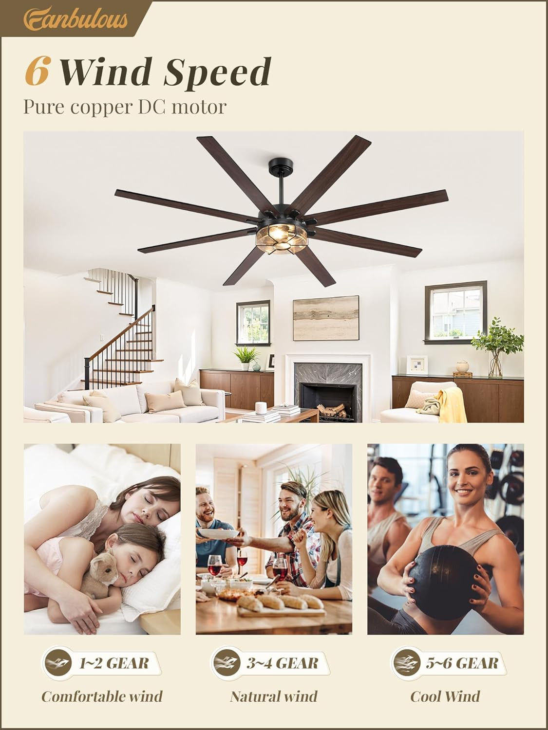 72" Rustic Ceiling Fan with Lights, Remote Control & Silent DC Motor