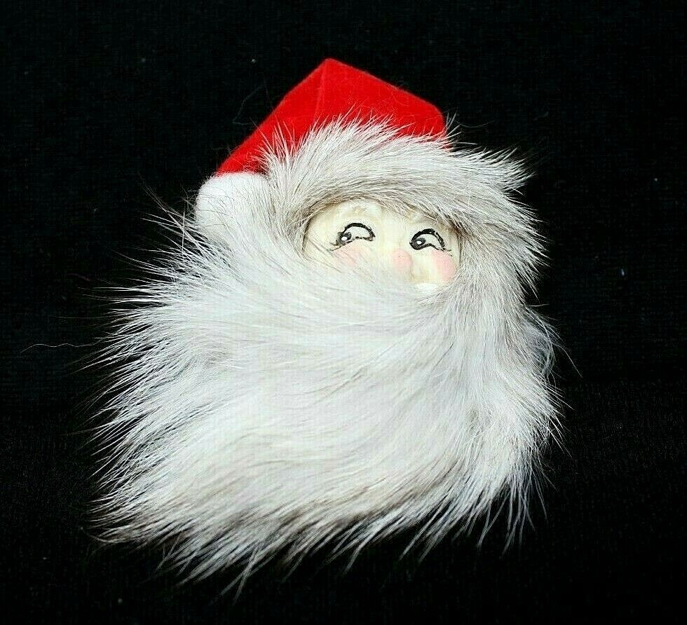 Vintage Santa Claus Mink Fur Porcelain 70s Christmas Pin/Brooch