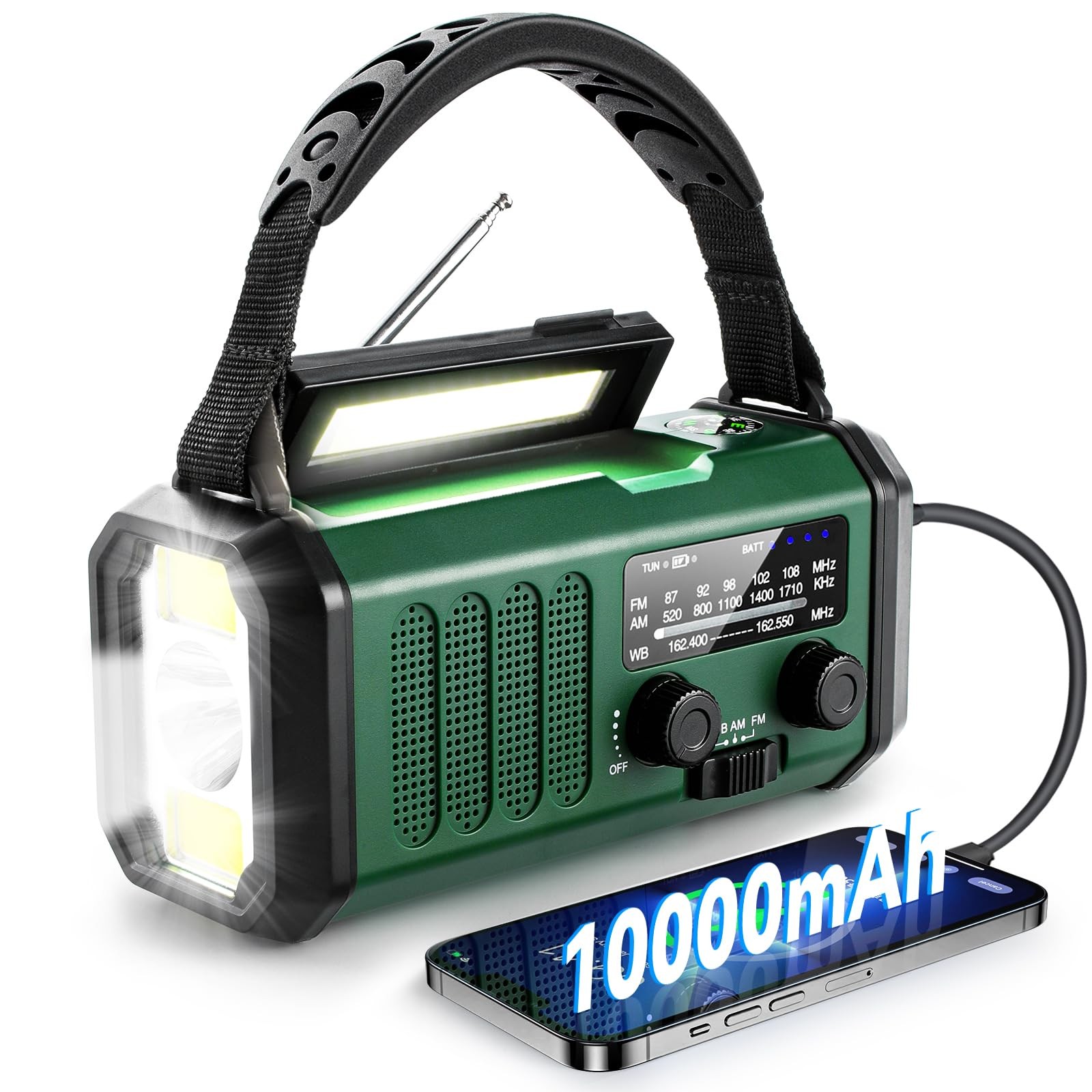 NOAA Weather Radio Portable 10000mAh Battery Hand Crank Solar Power Flashlight