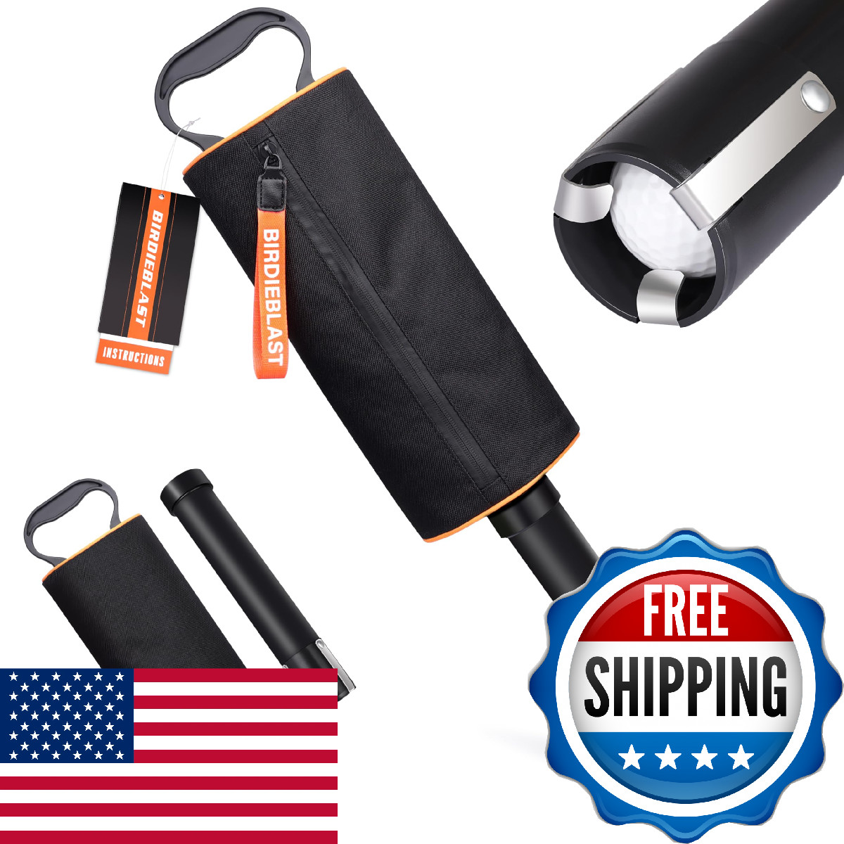 BIRDIEBLAST Portable Shag Bag Golf Ball Pick Up Removable Tube Hold 70 Balls Gol