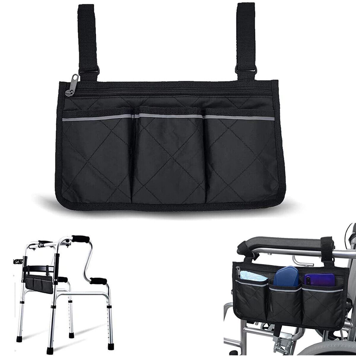 Wheelchair Armrest Storage Pouch Side Pocket Organizer Holder Hanging Bag Black