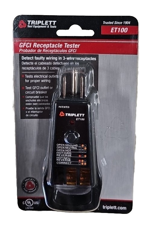 TRIPLETT ET100 GFCI Receptacle Tester with Pull Handle