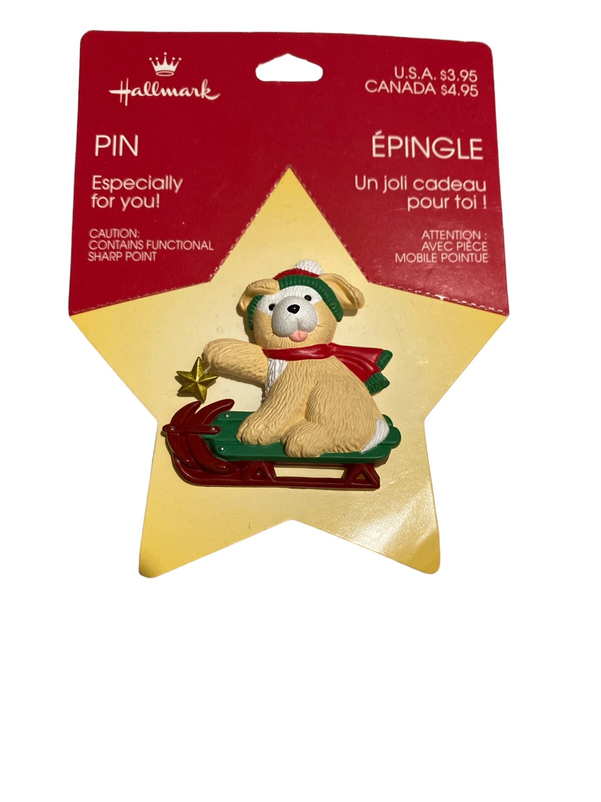 Vintage Hallmark Christmas Dog Yellow Puppy on Sled Lapel Pin *New