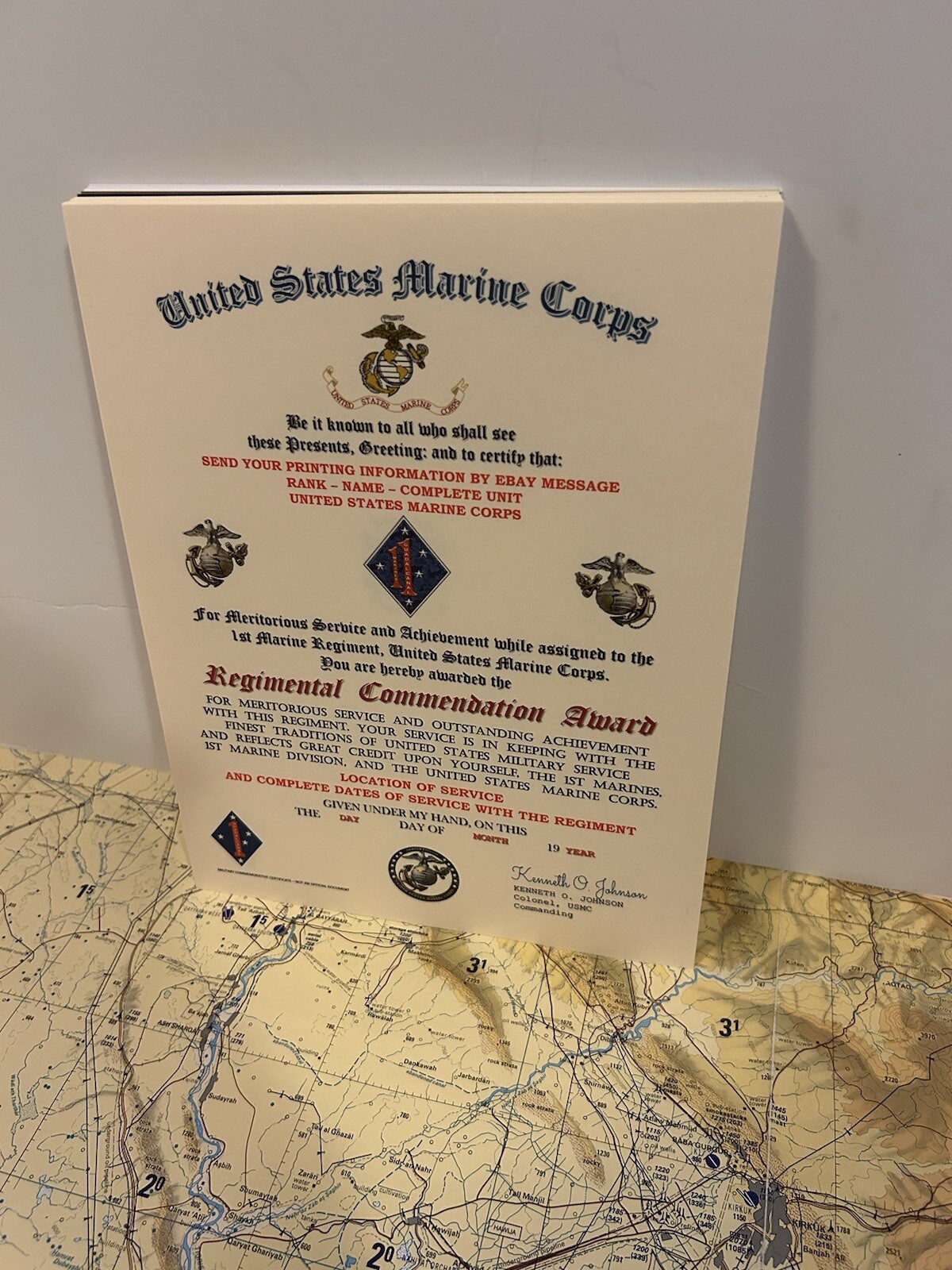 U.S.M.C. / 1ST MARINE REGIMENT - REGIMENTAL COMMENDATION AWARD CERTIFICATE