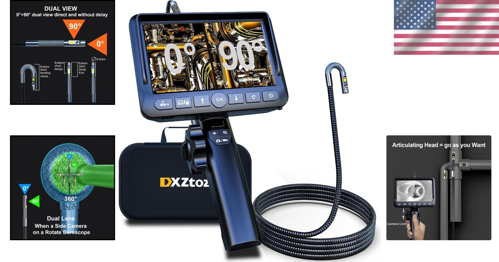 Advanced 1080P Dual Lens Articulating Endoscope with 5" Display & Flex Cable