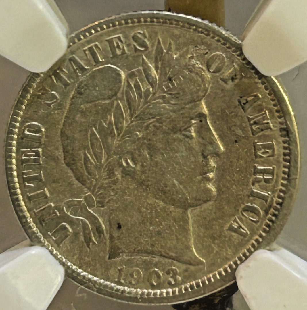 1903 Silver Barber Dime AU Details NGC, Beautiful Coin, Great Details!