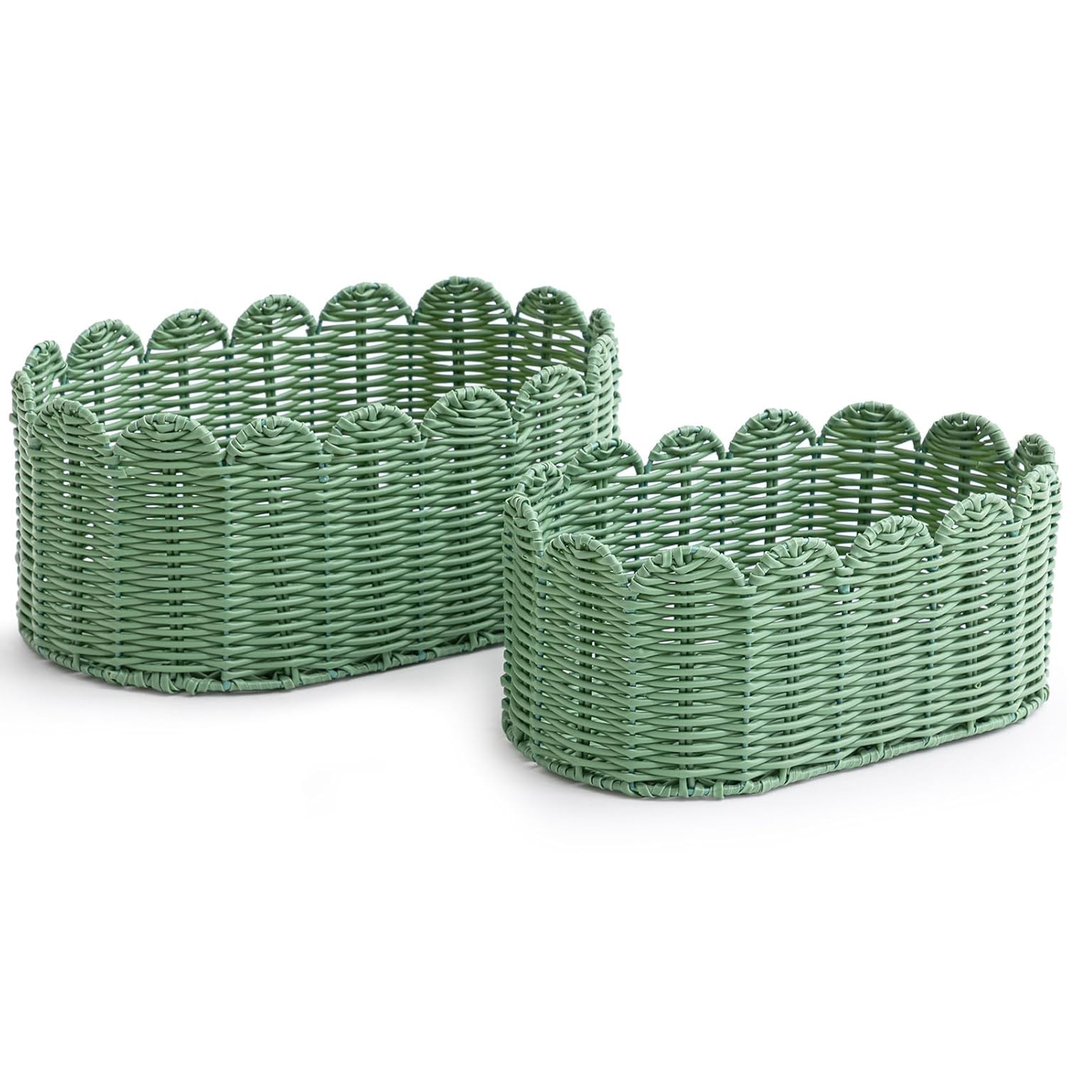 Set of 2 Large Sage Green Scalloped Basket, Woven Wicker, Nursery Room Livingroo