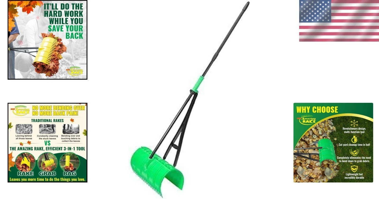 Lightweight Leaf Rake Green 3-in-1 Scoop & Grab - Unbreakable PP