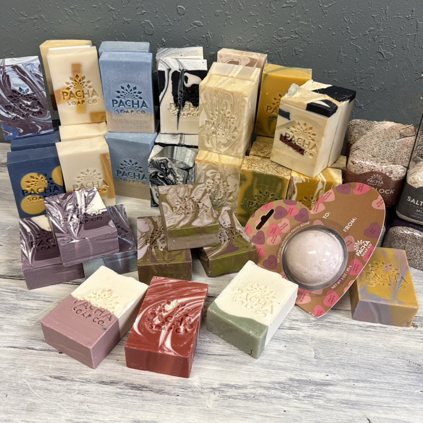 LOT OF 59 ASSORTED PACHA BAR SOAP & SINGLE USE SALT SOAK *PICTURE IS ACTUAL LOT*