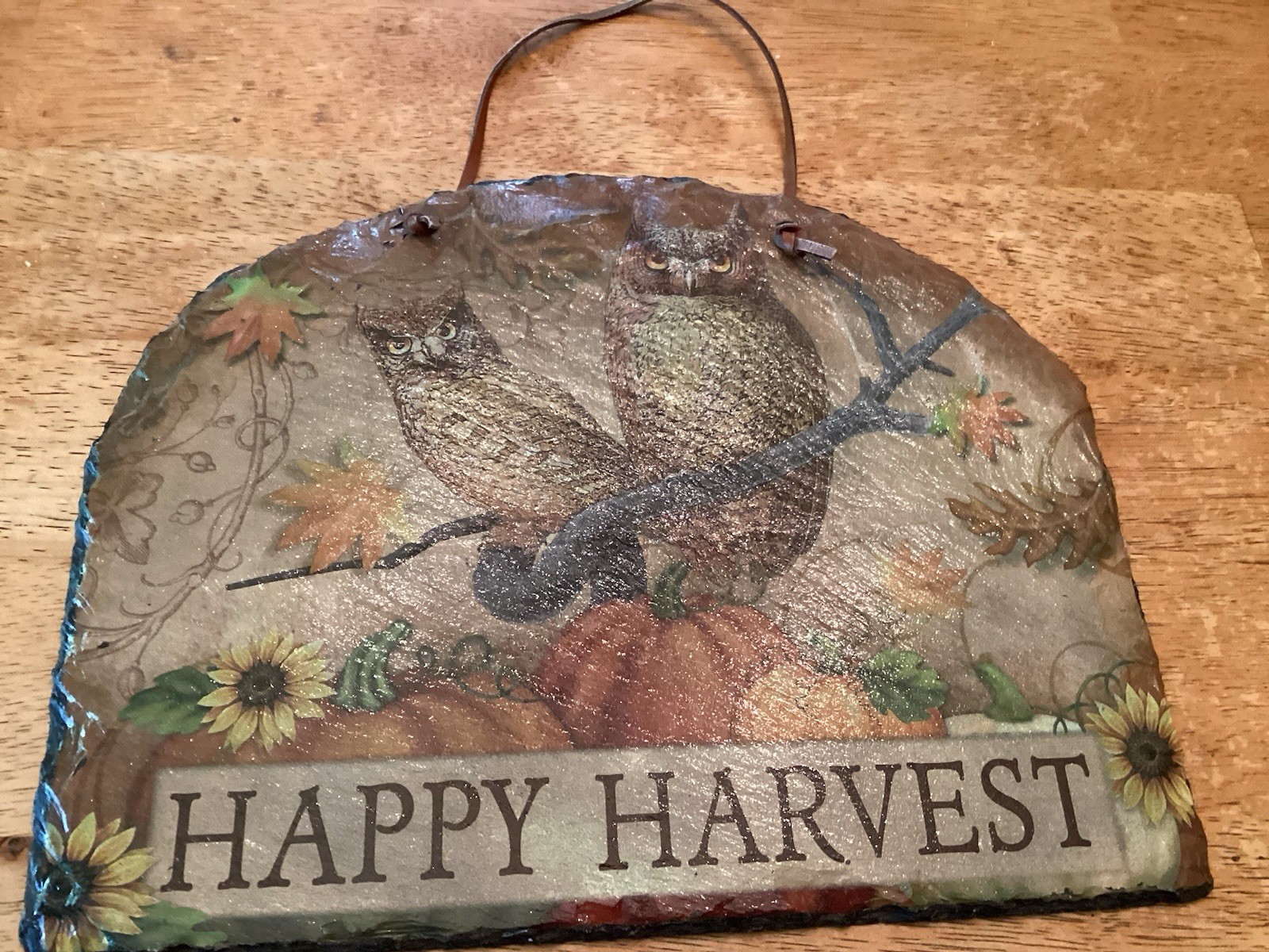 Happy Harvest Owls Slate Hanging Plaque